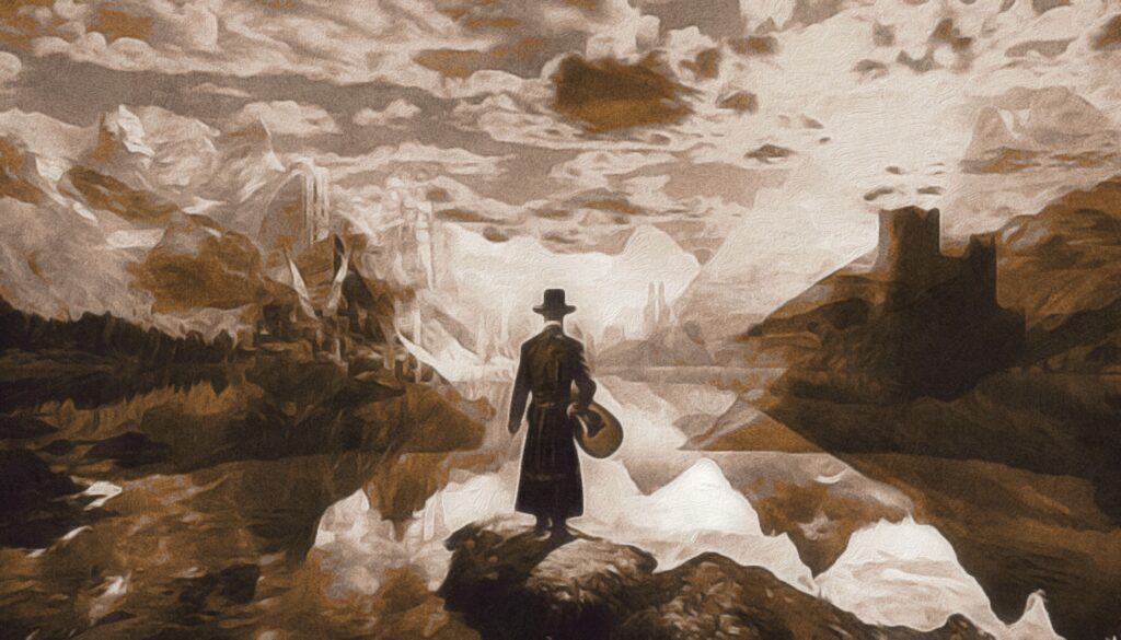 Image sépia. Au premier plan, un homme de dos avec un haut de forme. Il contemple un univers immense et confus, avec des formes qui font penser à des montagnes, des tours de château...