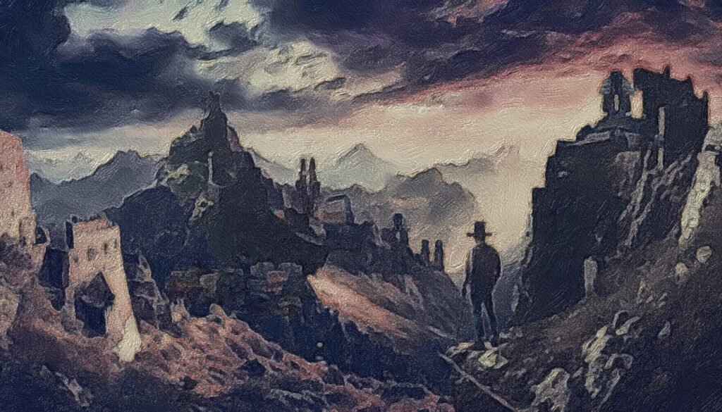 Un homme avec un chapeau haut de forme contemple un paysage montagneux éclairé par un soleil couchant. Les montagnes sont parsemées de bâtiments de formes variées, plus ou moins en ruines.
