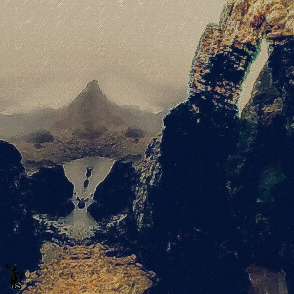 Paysage brumeux, lunaire. Des rochers nus se dressent. On peut observer quelques flaques d'eau.