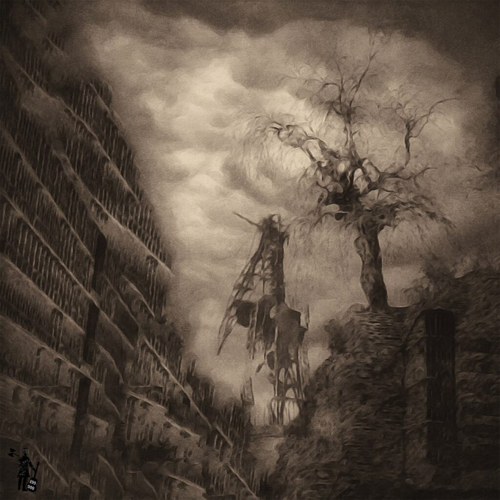 Image en noir et blanc, apocalyptique. Sur fond de nuages sombres, on distingue un arbre et une sorte de pylônes décharnés. Sur le côté, un haut bâtiment de béton, indistinct.