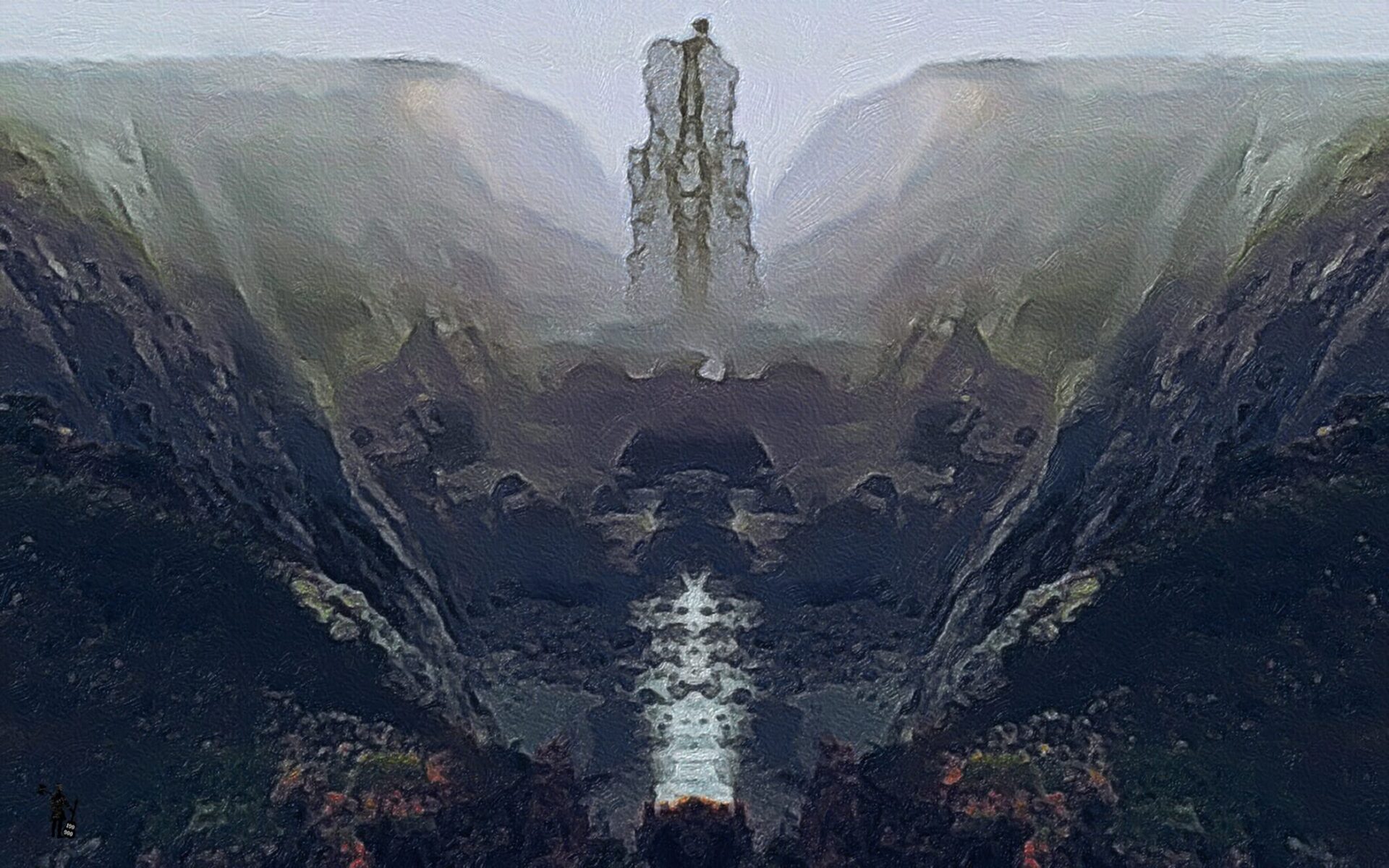 Paysage froid et brumeux. A gauche et à droite, des falaises en à pic. Au milieu, des rochers nus, avec une pierre mystérieuse, très haute, qui se détache de l'ensemble.