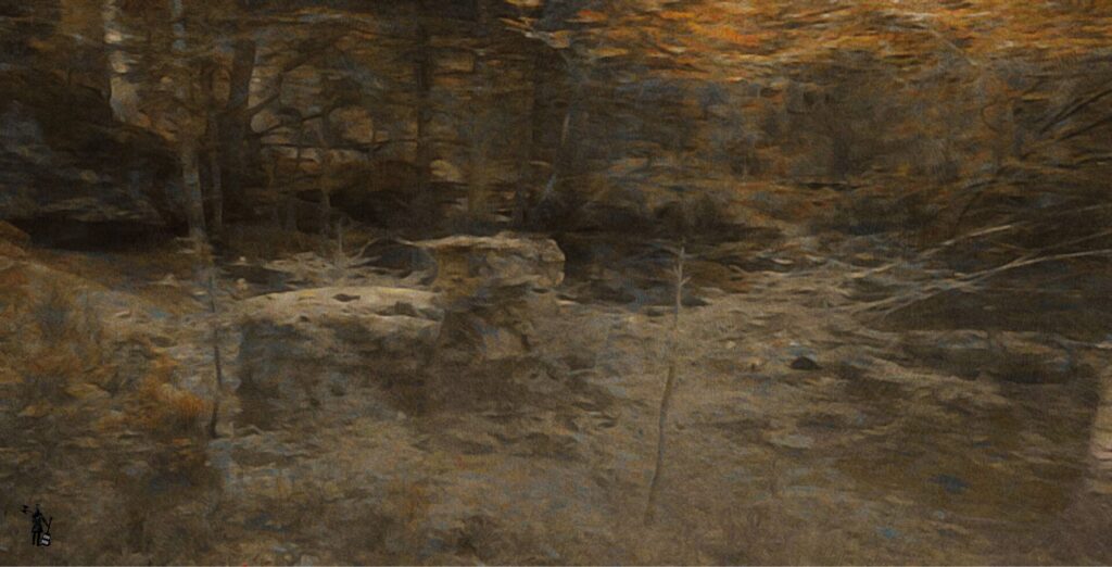 Paysage impressionniste aux couleurs marrons orangées. La scène représente une forêt et peut-être une rivière, avec des feuillages, des roches, et de petits arbres qui émergent du sol.