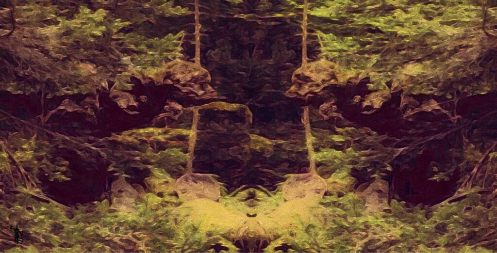 Paysage difficilement descriptible, lumière du jour tamisée par les feuillages. On perçoit ce qui ressemble à des roches et des feuillages, qui s'ouvrent peut-être sur de petites cavités rocheuses.