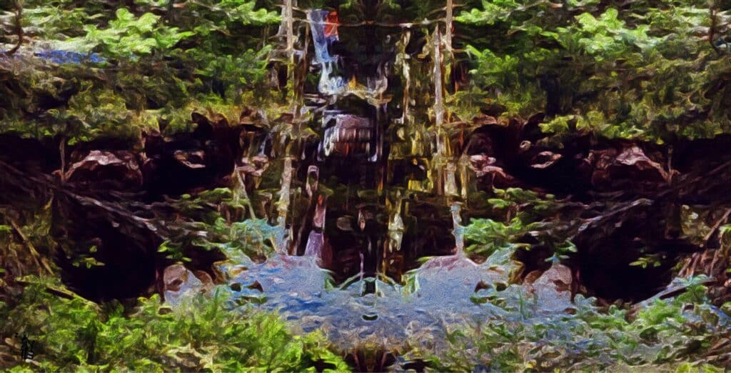 Image peu claire, ambiance forestière, où la végétation foisonne entre les rochers. On voit une flaque au milieu de l'image et un élément inquiétant, qui ressemble à une mâchoire.