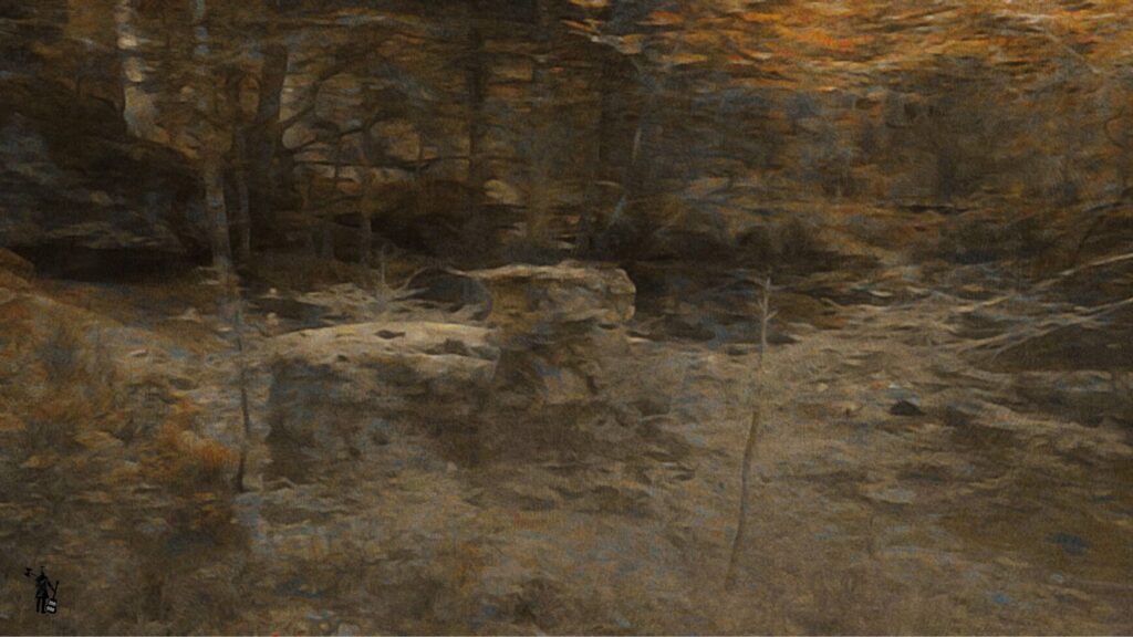 Paysage impressionniste aux couleurs marrons orangées. La scène représente une forêt et peut-être une rivière, avec des feuillages, des roches, et de petits arbres qui émergent du sol.