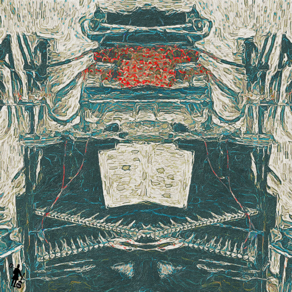 Image impressionniste avec un piano dont les deux claviers se croisent. Au dessus du piano, une pile d'objets étranges, sombres ou rouges.