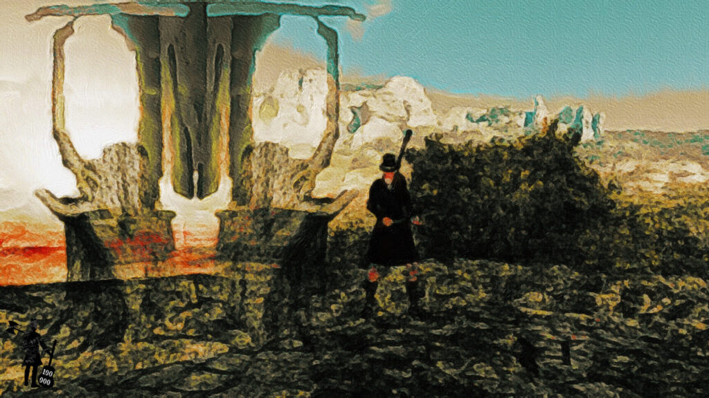 Paysage extérieur rocailleux, avec, au premier plan, un monument qui semble extraterrestre. Un explorateur se déplace entre les pierres.