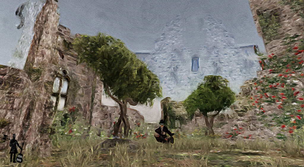 Paysage extérieur au ciel gis. On voit des ruines d'un bâtiment fait en vieilles pierres. Les ruines sont envahies d'herbes et d'arbres. Un explorateur boit son café au milieu.