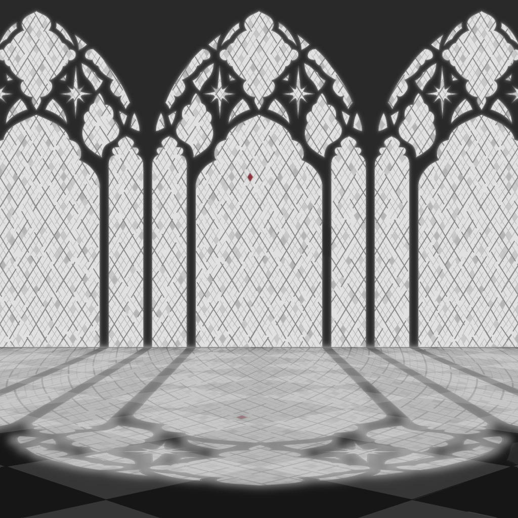 Dessin noir et blanc de hauts vitraux qui prennent la forme d'arches.