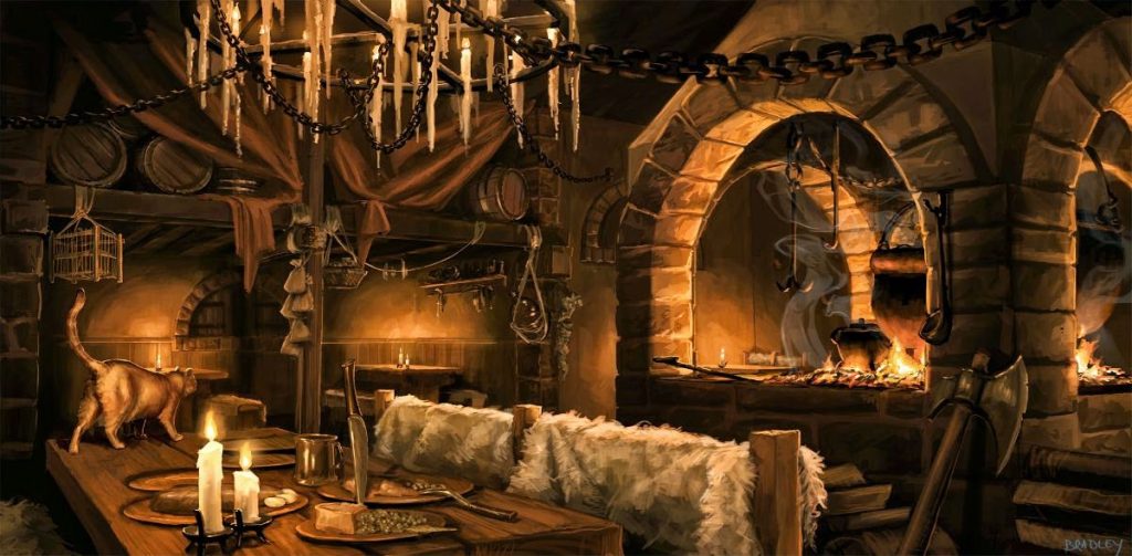 dessin digital d'une taverne, ambiance moyenne âgeuse, en soirée, arches en pierre, chat sur une table et chandelier au plafond
