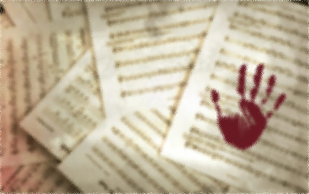 empreinte de main rouge sombre sur des papiers avec des notes, le tout flou/pixelisé
