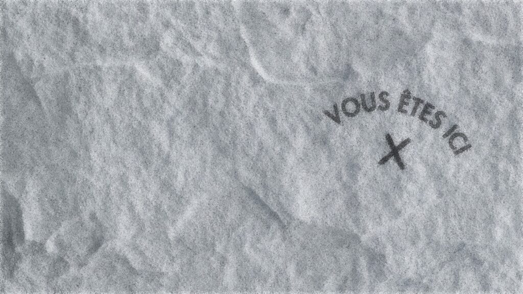 pierre avec une croix gravée et marqué "vous êtes ici", pixelisé